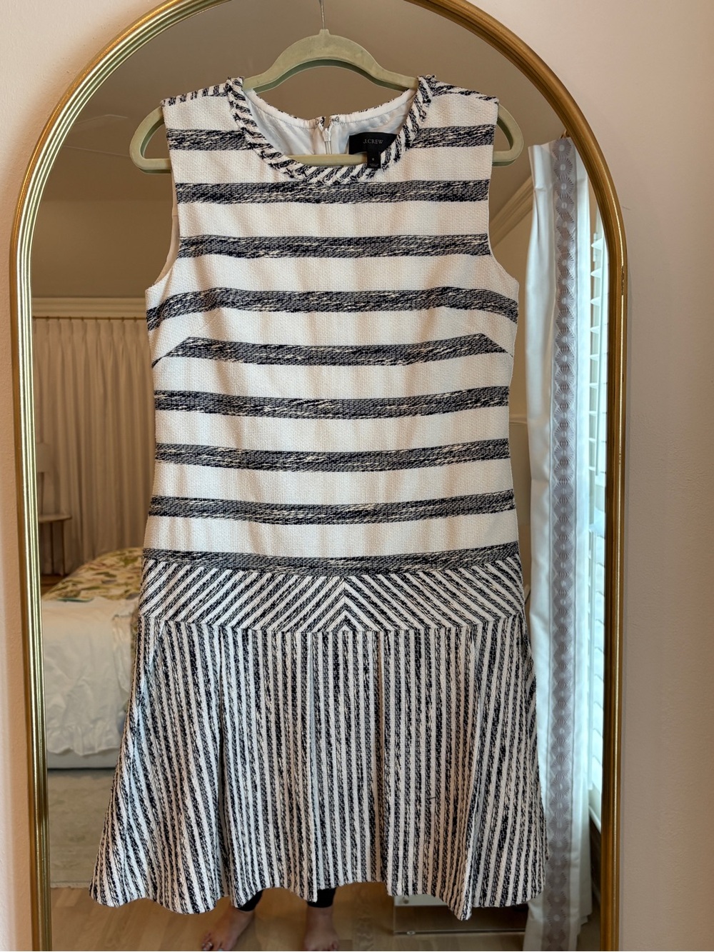 J. Crew Black and White Striped Sleeveless Fit-and-Flare Dress